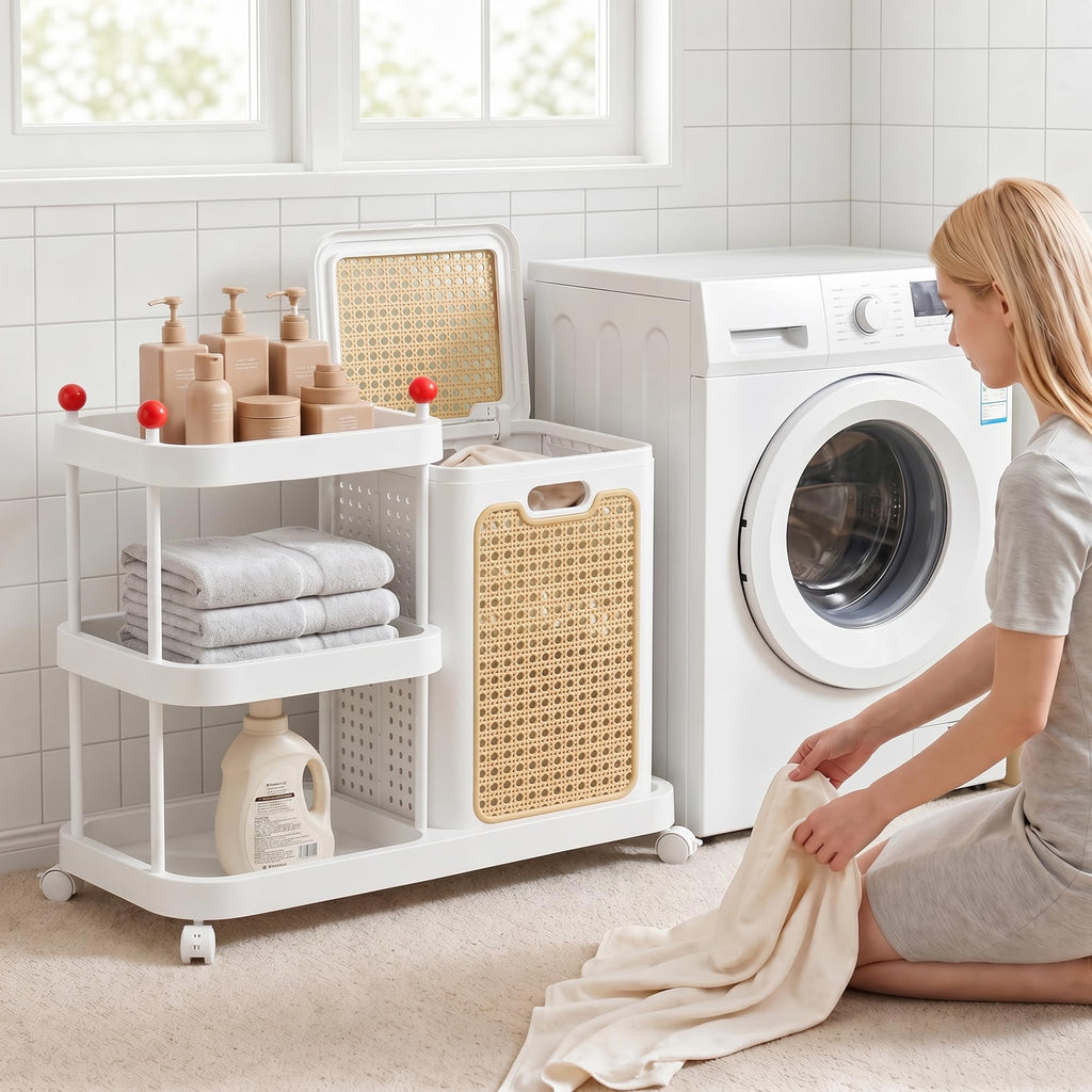 Rattan-Style Rolling Laundry Hamper Cart, 3-Tier Storage Shelf with Wheels, Foldable Plastic Laundry Basket with Lid