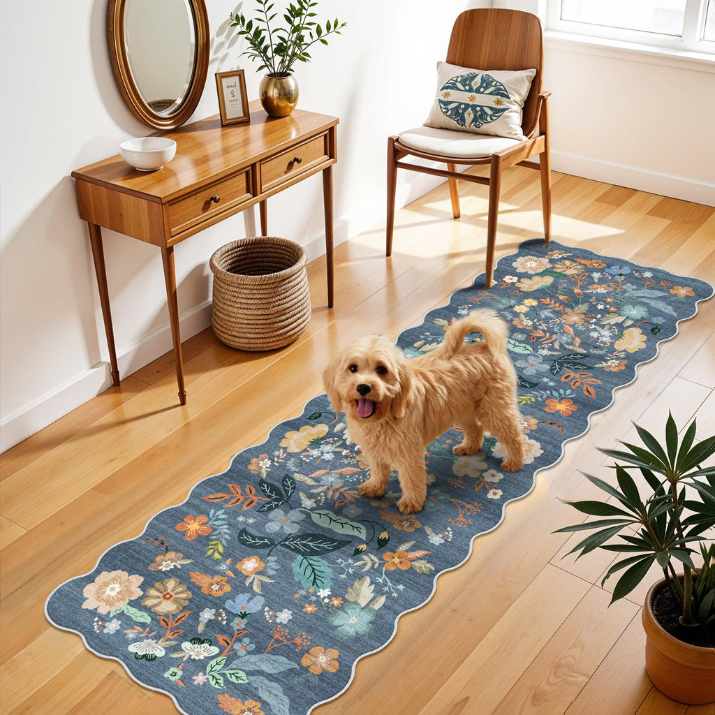2x6 Washable Hallway Runner Rug: Blue Boho Floral Scalloped Kitchen Rug