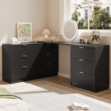 L-Shaped Rotatable 9 Drawer, 71" Wide Deformable Black with Gold Metal Handles, Modern Fluted Chest of Drawers