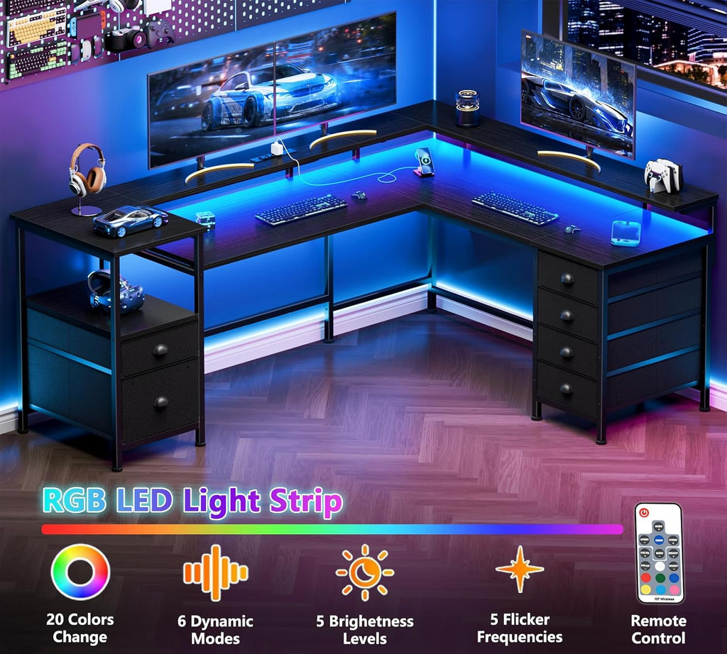 66'' L Shaped Gaming Desk with 6 Drawers, LED, Outlets, Black | Reversible Large Corner Computer Desk with Printer