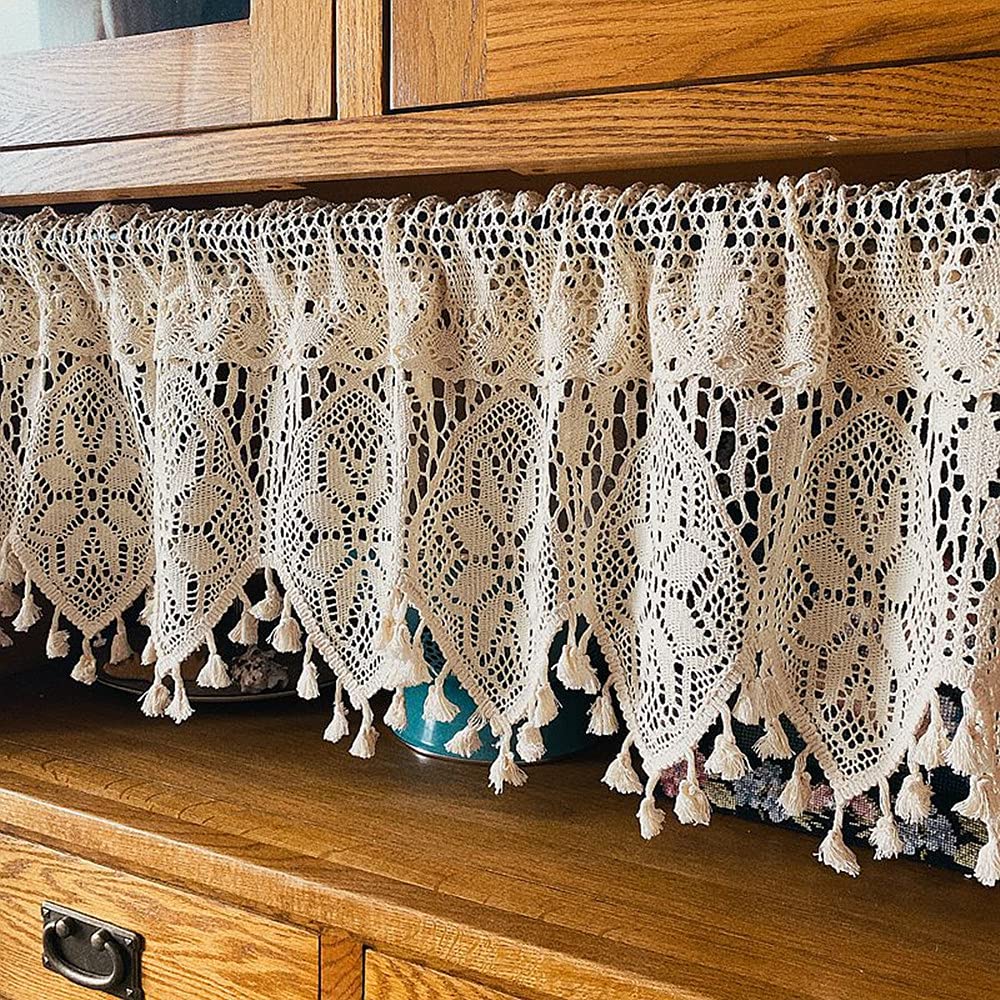 Boho Valance Farmhouse Crochet Curtain Tier Beige Cotton Lace 35x15 Inch