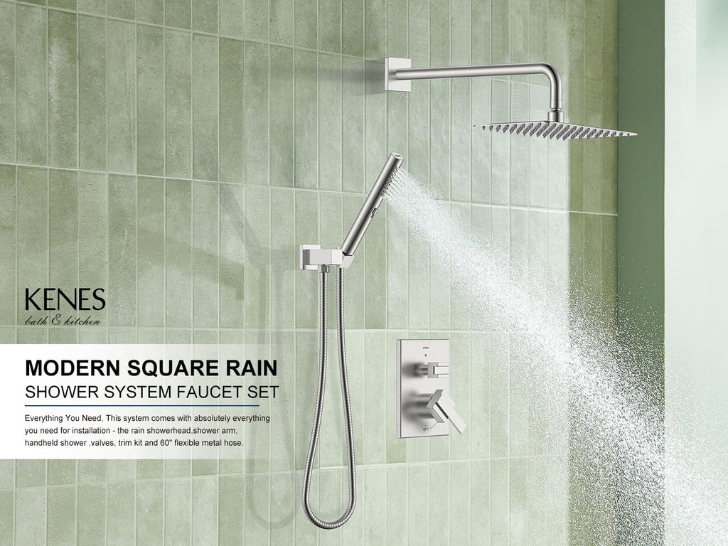 Brushed Nickel Square Rain Shower System Faucet Set with Handheld