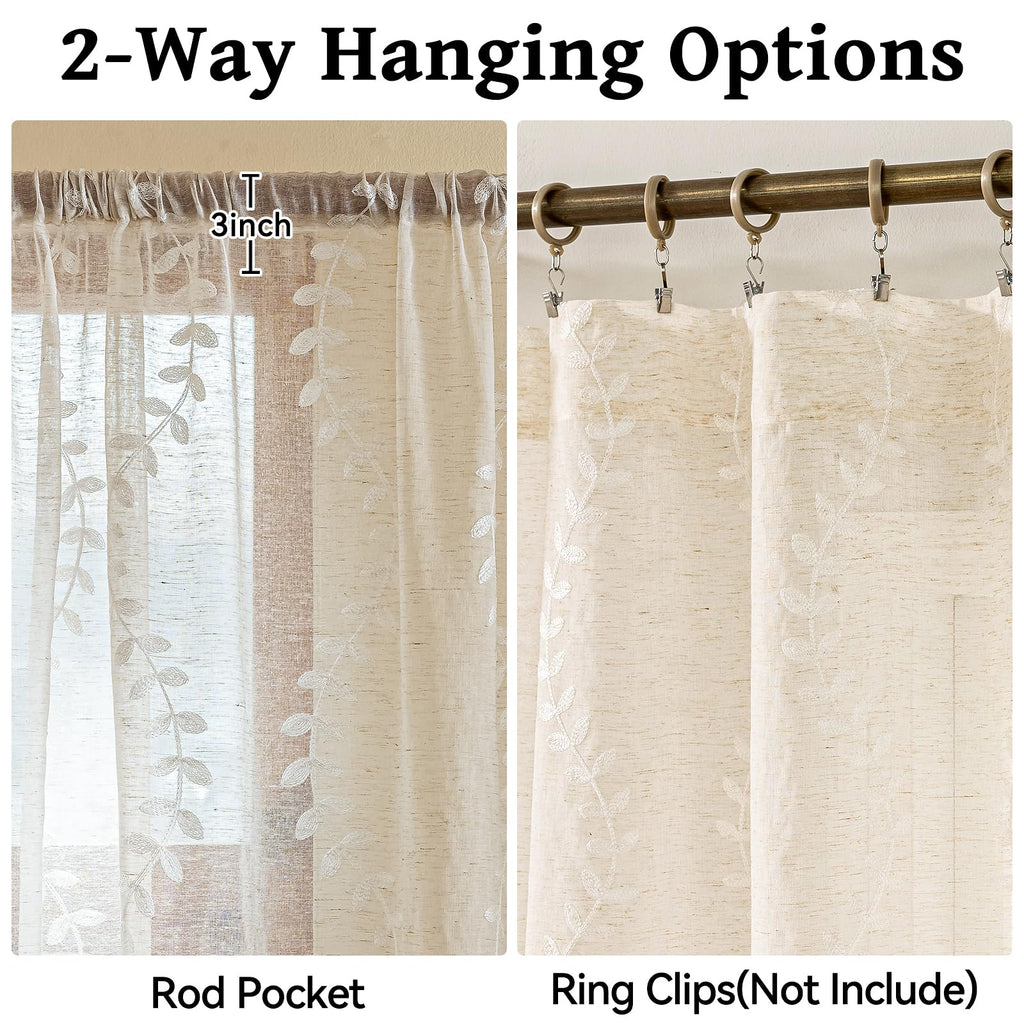 2 Panels Linen Leaf String Floral Embroidered Semi Sheer Curtain Farmhouse Voile Curtains Bedroom Window Treatment