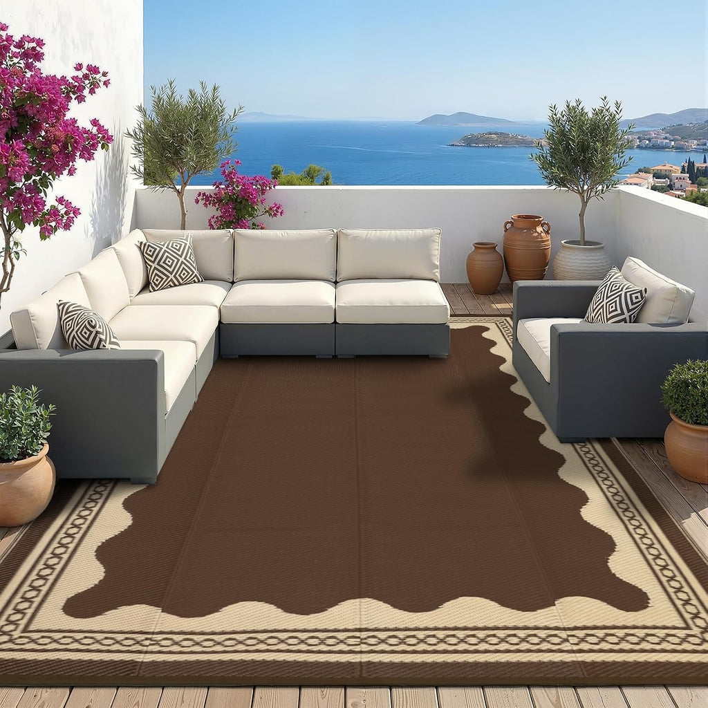 Outdoor Rug Scalloped Waterproof Patio RV Outdoor Rugs Reversible Foldable Plastic Straw Rug Modern Camping