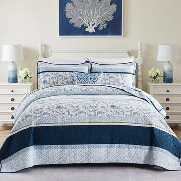 100% Cotton Quilt Set, Cottage Botanical Floral, Navy/White
