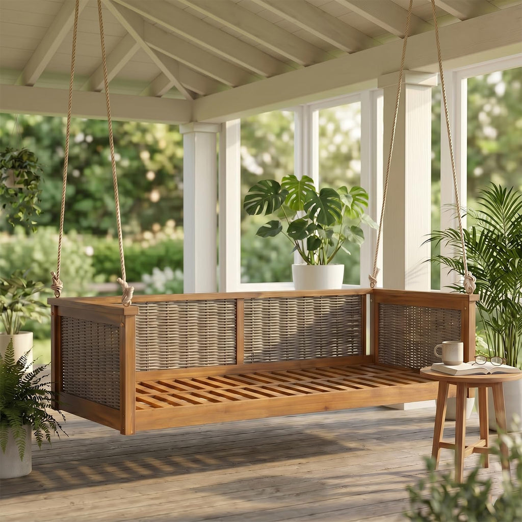 Twin Size Porch Swing Bed, Acacia Wood & Handwoven Rattan Hanging Swing Daybed with Hemp Ropes, 400 lbs Capacity