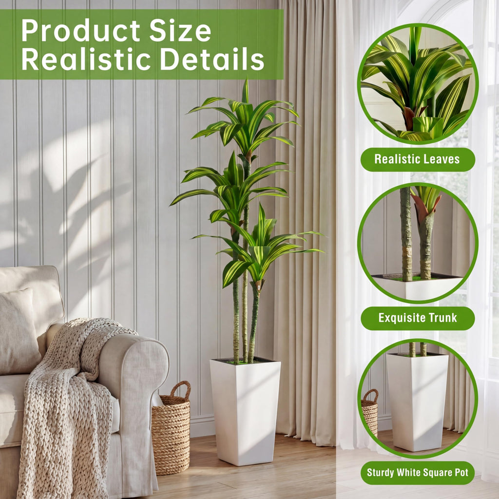 6FT Dracaena Artificial Plants Indoor, with White Tall Planter