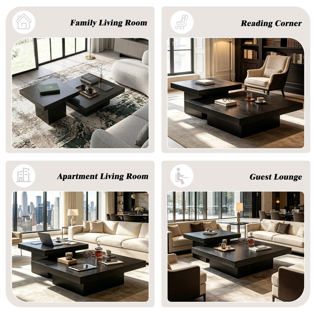 Nesting Coffee Table Set of 2, Square Centre Table, Modern Accent Table with 1.6" Thick Tabletop, Wood Coffee Tables