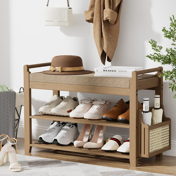 2-Tier Shoe Rack Bench, 28.2 in, Walnut and Light Brown