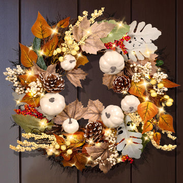 20Inch Thanksgiving Fall Wreath for Front Door with Light Autumn Wall Decor