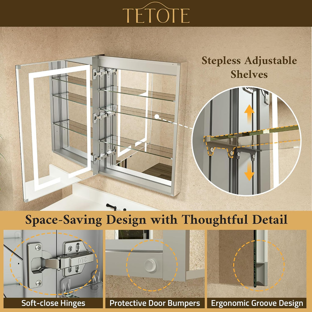 LED Lighted Medicine Cabinet with Lights 30 x 26 Recessed or Surface Mount Cabinet Mirror Wall, 2 Door Tempered Glass