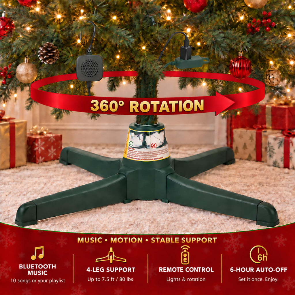 Musical Rotating Christmas Tree Stand with Remote Control, Bluetooth Speaker, 10 Songs, 360° Rotation, Fits 0.75