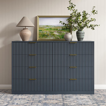 Navy Blue 8 Drawer Dresser, 55" Wide Fluted Chest of Drawers with Gold Metal Handles, Modern Wooden Dresser, Closet
