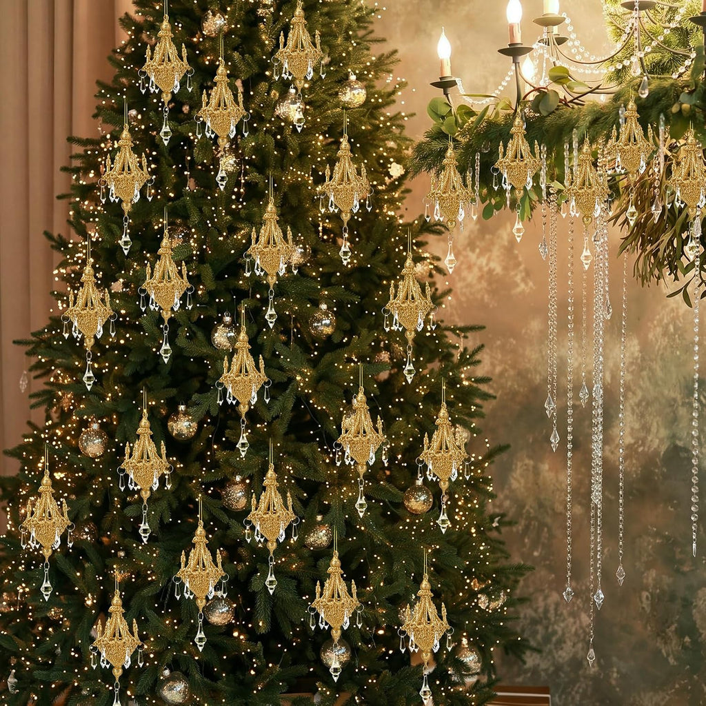 4 Pcs Gold Chandelier Ornaments Crystal Hanging Christmas Tree