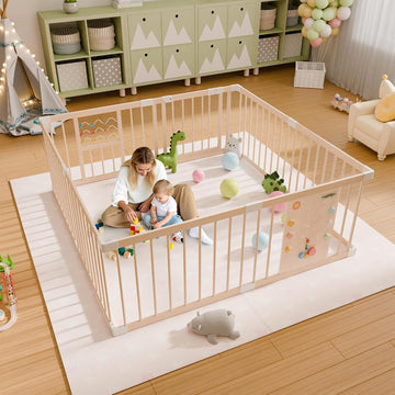 Wooden Baby Playpen, 63" x 63" Adjustable Size & Shape Play Yard Fence for Babies and Toddlers with Locking Gate