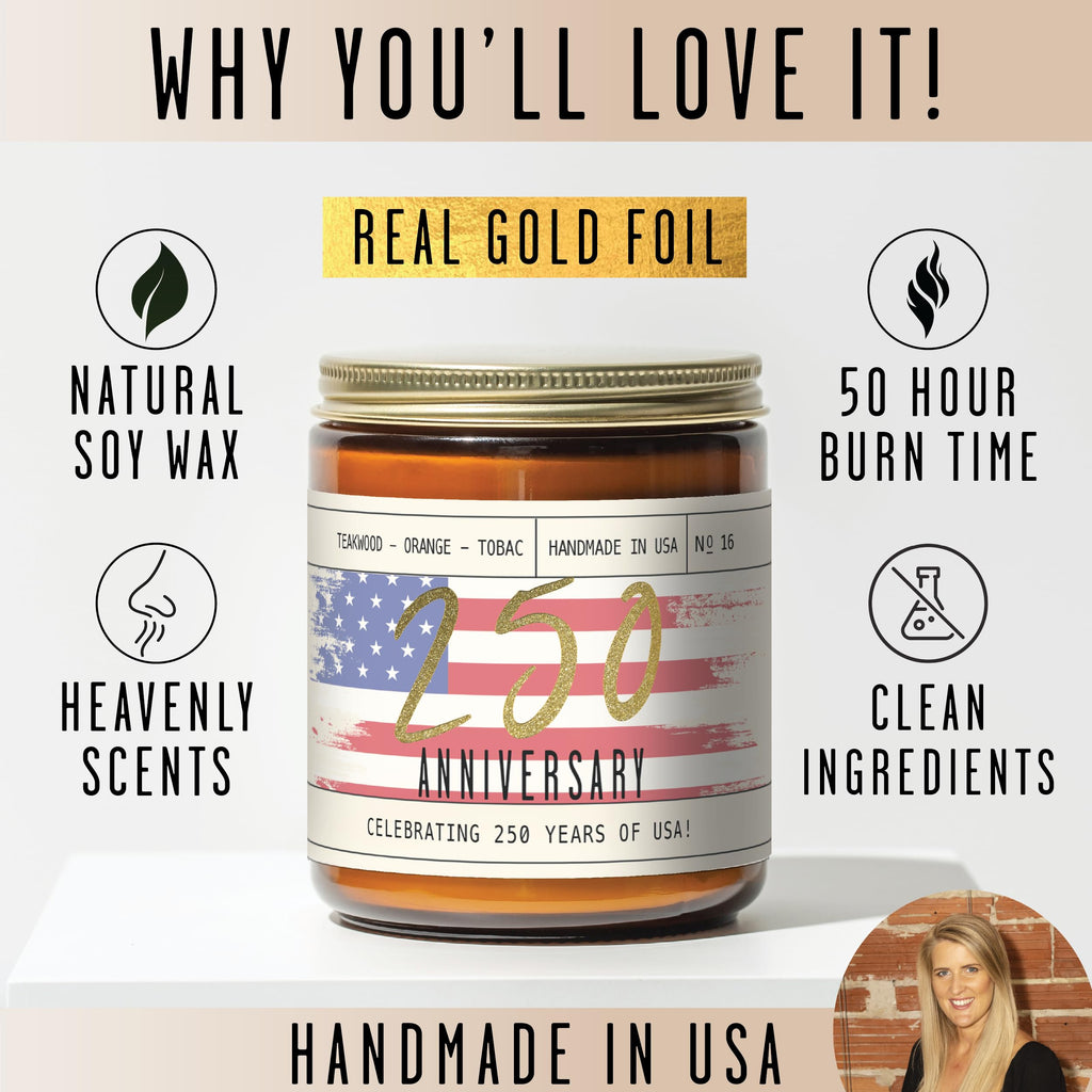 250 Anniversary USA Merchandise Women Patriotic Candles -w/Teakwood, Tobacco, Orange - 4th of July Candles Gifts for