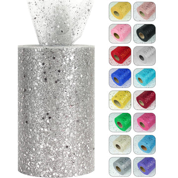 Glitter Tulle Rolls, 6" by 50 Yards Sparkling Tulle Spool Ribbon Sequin Tulle Netting Fabric for Tutu Skirt