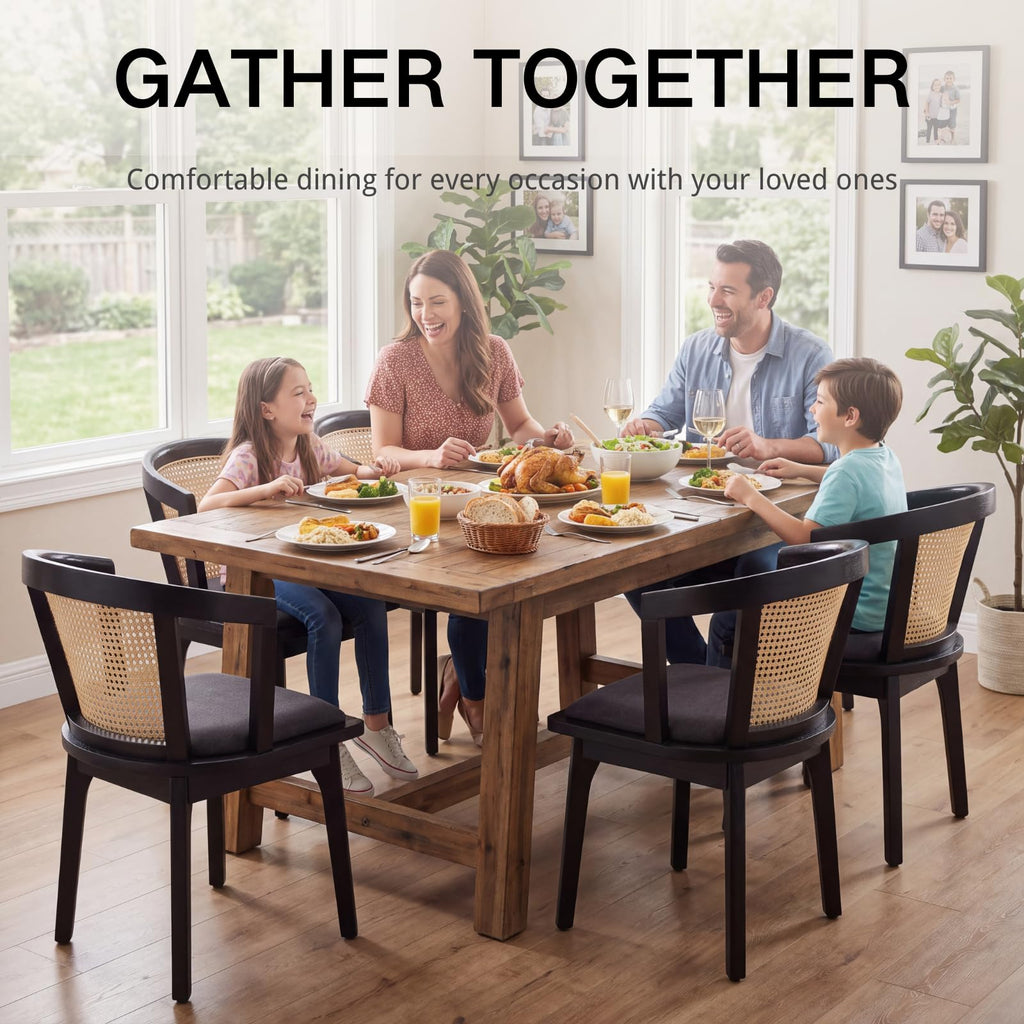 Rattan Mid Century Dining Chairs Set of 8 Modern Farmhouse Dining Room Chairs with Cane Curved Back and Black Wooden