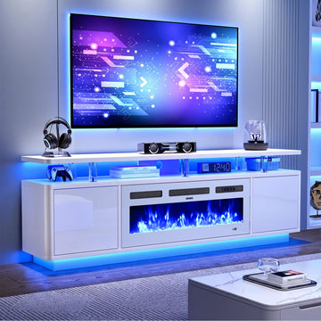 70", 36" Electric Fireplace with Adjustable Flames & Double LED Lights, Remote Control, Storage Cabinet with High