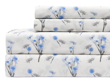 100% Cotton Bed Sheets for King Size Bed - Soft 4 Piece Percale Weave (Blue Floral)