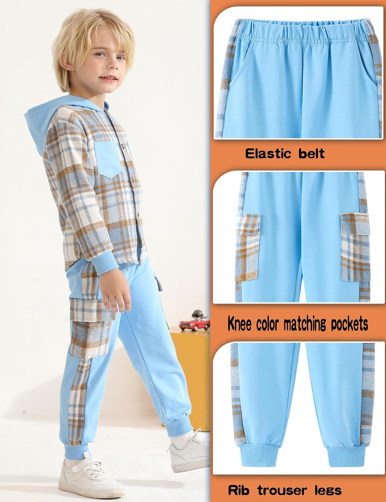 Boys 3 Piece Outfit Set,Flannel plaid shirt hoodie+ Plaid Patch Cargo Jogger Pants Toddler Little Clothes