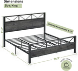 King Bed Frame, Tall Industrial Headboard 51.2 ", Platform Bed Frame with Strong Metal Support, Solid and Stable