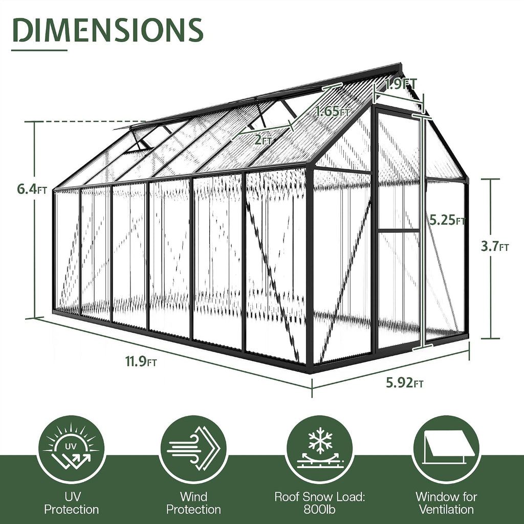 6x12Ft Polycarbonate Greenhouses for Outdoors, 2 Top-Opening Windows, Swing Doors, Aluminum Walk-in Heavy Duty for