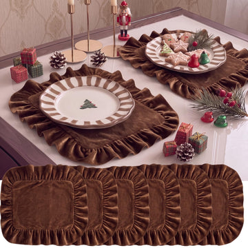 Christmas Brown Velvet Placemat Set of 6 Ruffles Rectangle Placemat