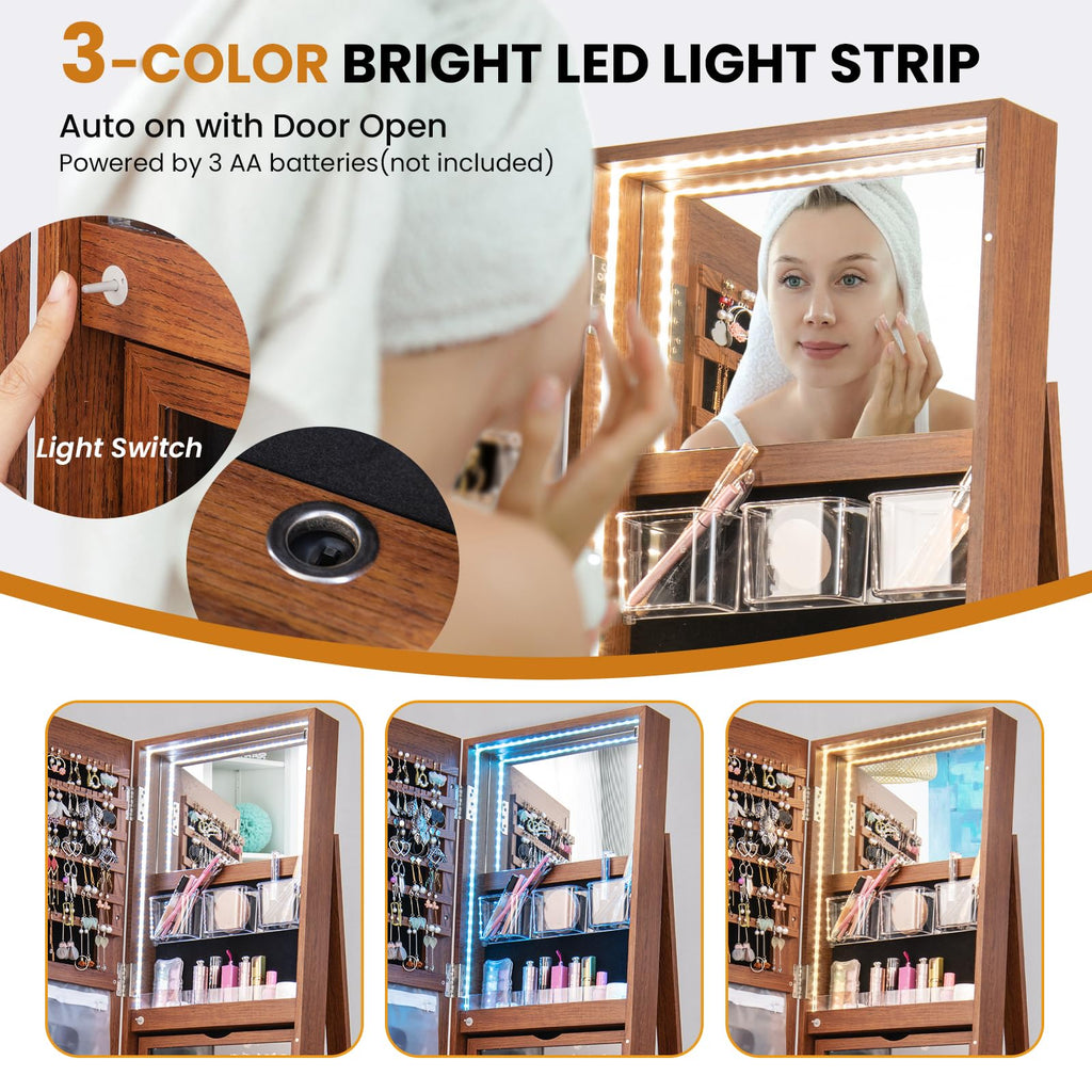 360° Rotating Mirror Jewelry Armoire, Freestanding Jewelry Organizer w/ 3-Color LED Lights, Full-length Mirror