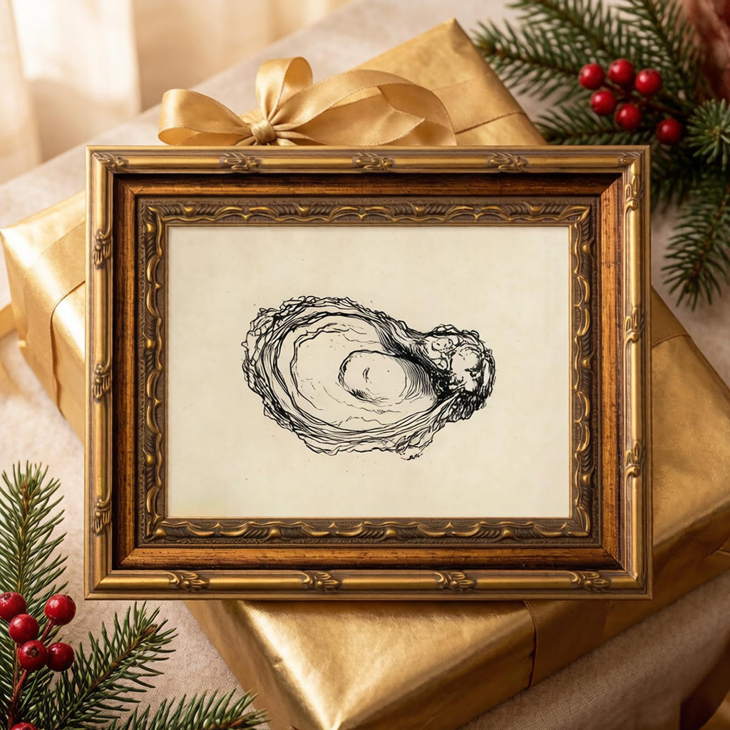 Gold Framed Wall Art Vintage Oyster Shell Sketch Wall Art Rustic Kitchen Cottagecore Seashell Wall Decor Picture