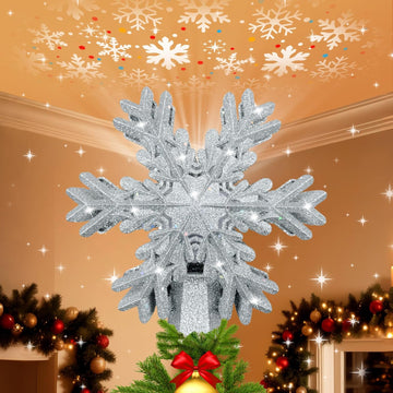 Tree Topper Lighted with LED Rotating Silver Snowflake Projector, 3D Hollow Glitter Lighted Silver Snow Christmas