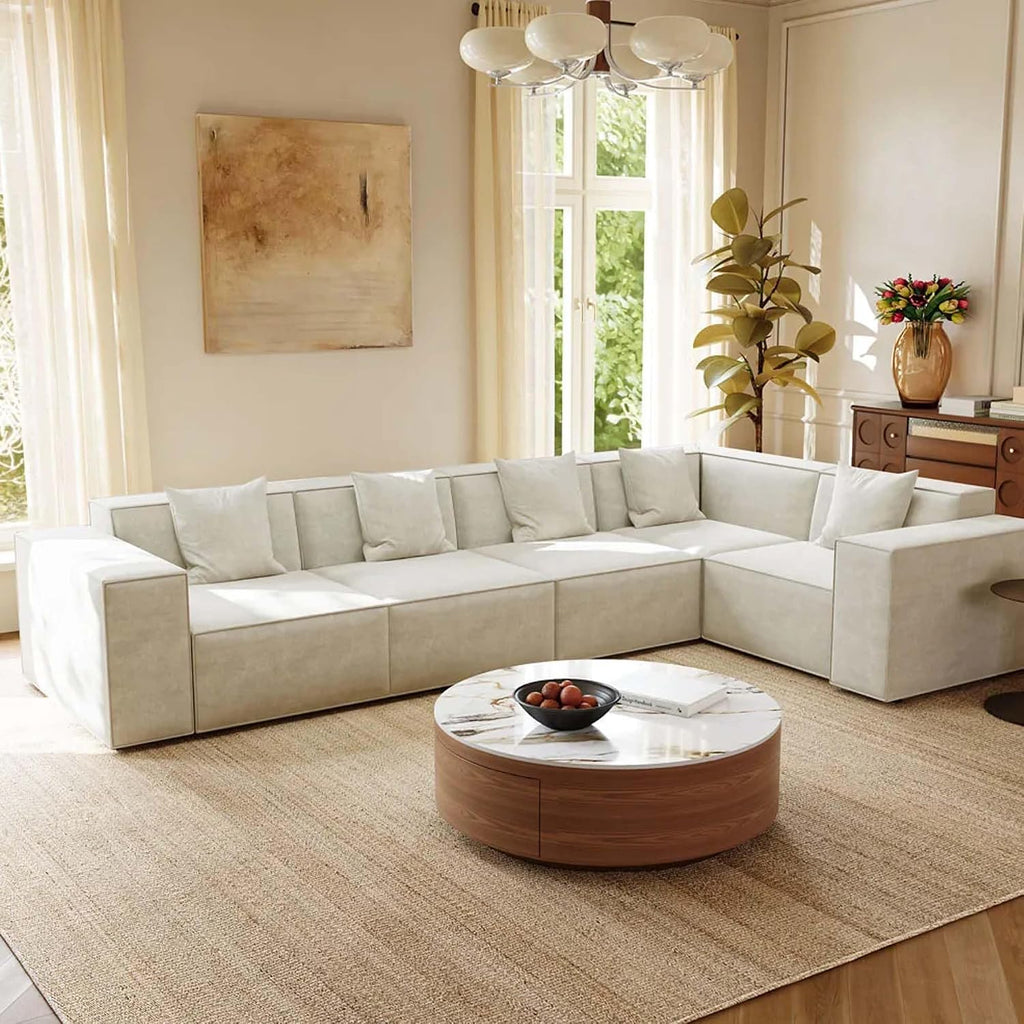 35.43" Modern Round Coffee Table with Storage,Sintered Stone Top Drum Coffee Table with Drawers,Oak Veneer,Circle Coff