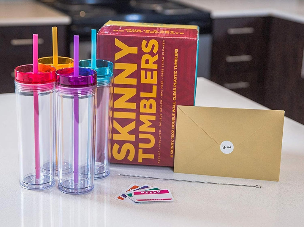 SKINNY TUMBLERS 4 Colored Acrylic Tumblers with Lids and Straws | Skinny, 16oz Double Wall Clear Plastic Tumblers