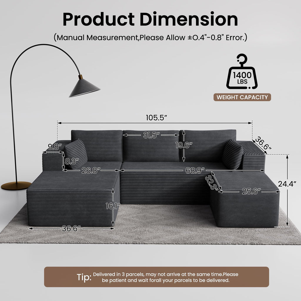 106" Cloud Sectional Boneless Couches, Modular U Shaped Couch with Deep Seat, Removable Ottoman, Memory Foam