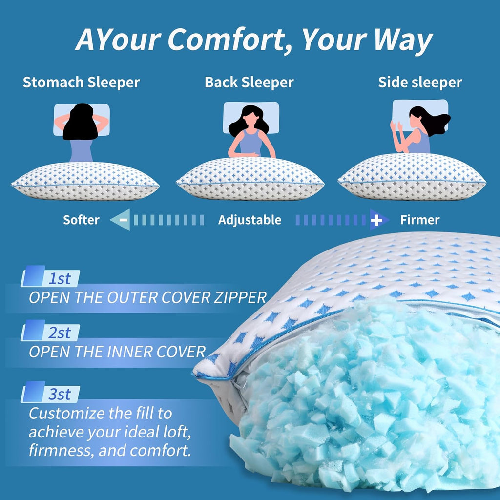 King Size Pillows Set of 2, Cooling Shredded Memory Foam Pillows | Adjustable Loft, Balanced Support, Medium Firm