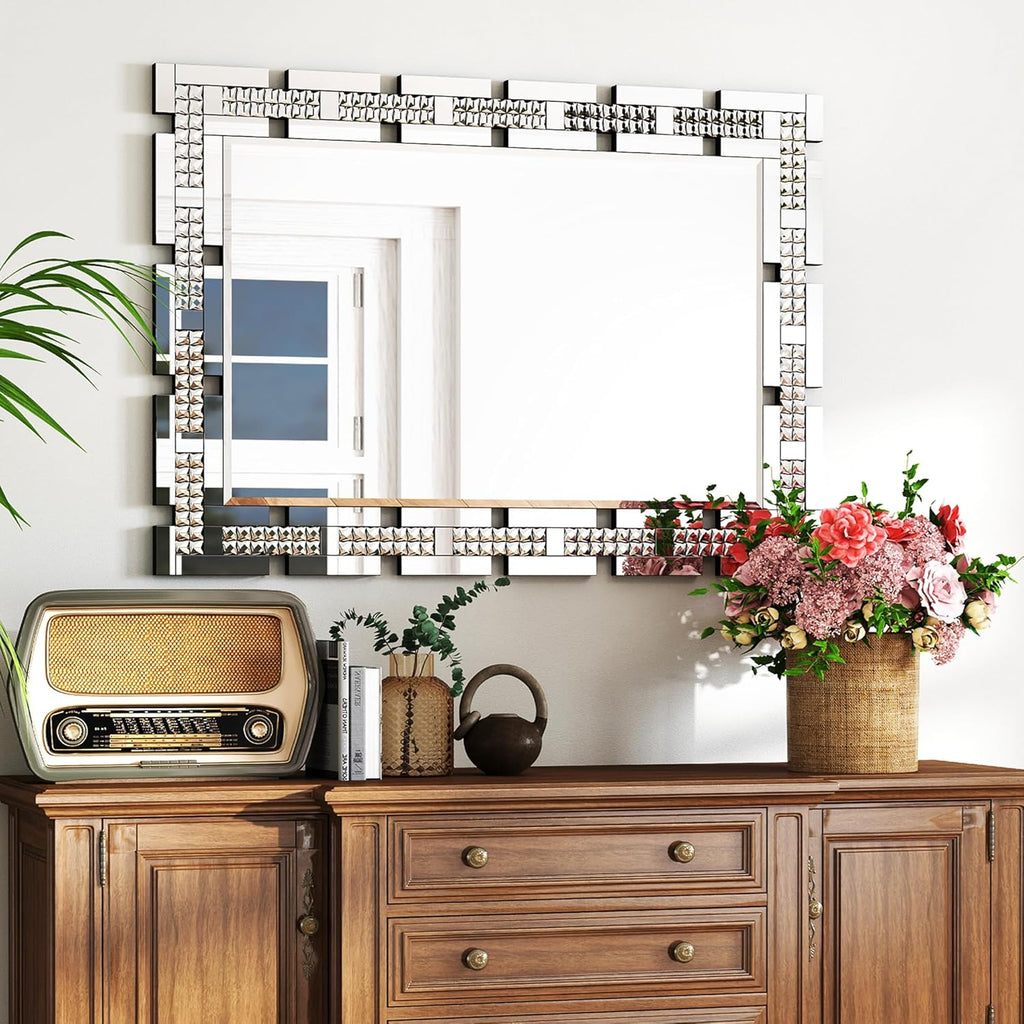 Crystal Decorative Wall Mirror , 36 X 24 Inches Large Mirror for Wall Decor with Beveled Edge, Rectangle Elegant Wall