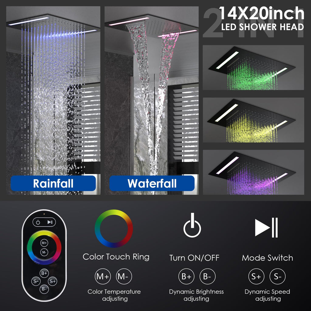 Dual Rain Shower Head System, 2 In 1 Functions Ceiling Mount 14x20inch LED Shower Head with 6 Inch Shower Head