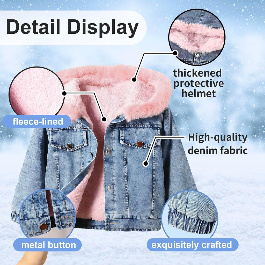 Girls Pink Fluffy Hood Fleece Lined Warm Denim Jacket for Toddler Girls