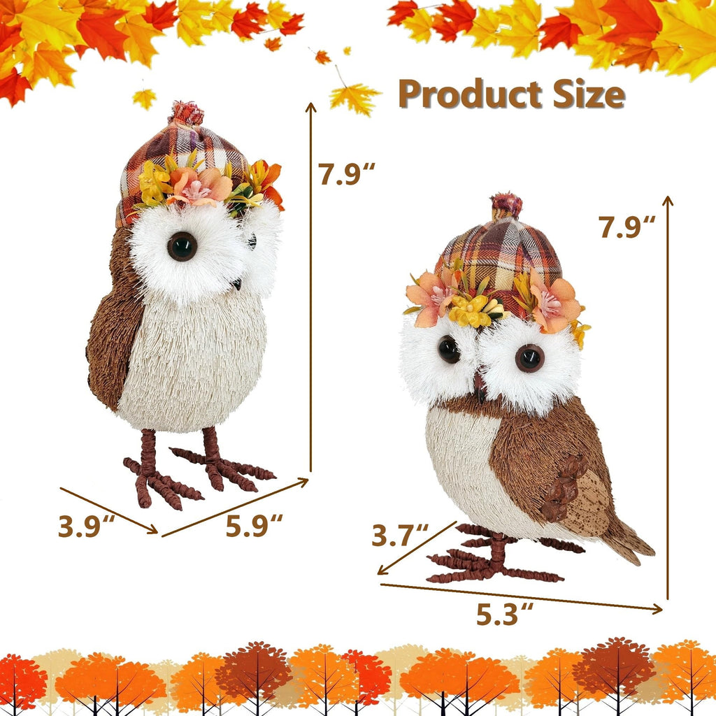 7.9 Inches Set of 2 Sisal Owl Decor in Hat for Fall Home Decor