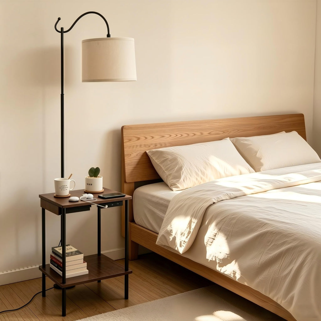 Floor Lamp with Table Industrial Rustic End Table, Industrial Floor Lamp with USB Wireless Charging Port&Charging