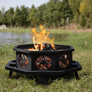Outdoor 43 Inch Octagonal Fire Pit with Cooking Grill Black