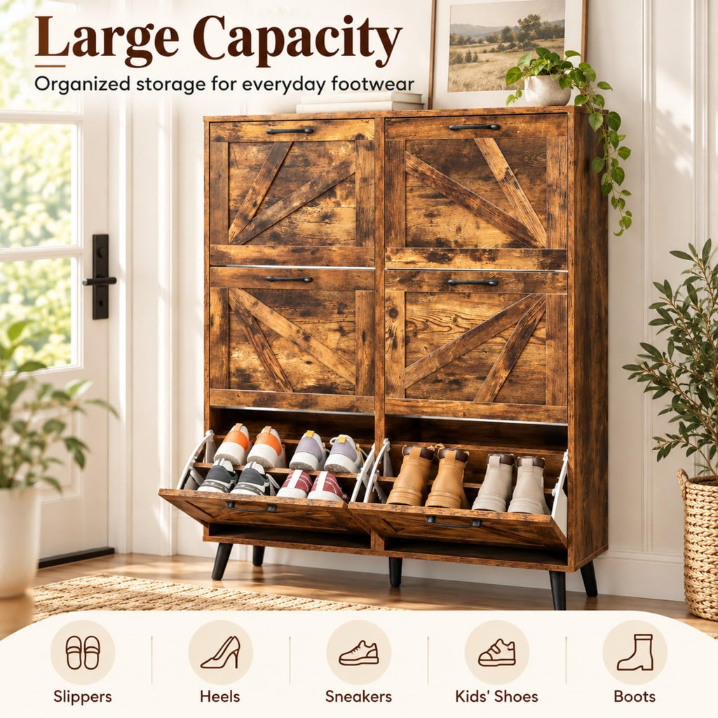 6 Flip Drawer Shoe Cabinet, Barn Door Entryway Storage, Rustic Brown