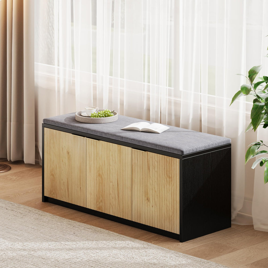 2-Tier Shoe Storage Bench with 3 Doors & Adjustable Shelf, Removable Padded Seat Cushion, 41.3" Entryway Bench - Wood