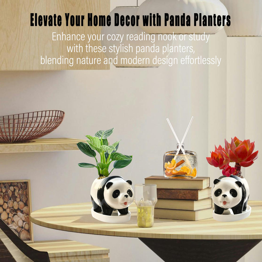 2PC Panda Bamboo Planter Pots-5.7'' Ceramic Animal Planters | Succulent Pots & Drainage Tray-Lucky Bamboo Plant Pots