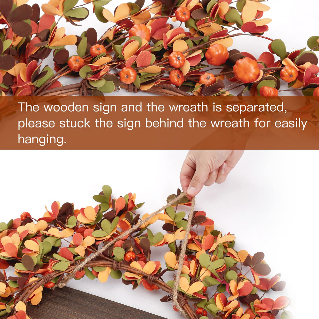 Fall Wreath 20'' Autumn Front Door Harvest with Small Pumpkin Berry Round Leaves Decorations for Outside Indoor Wall