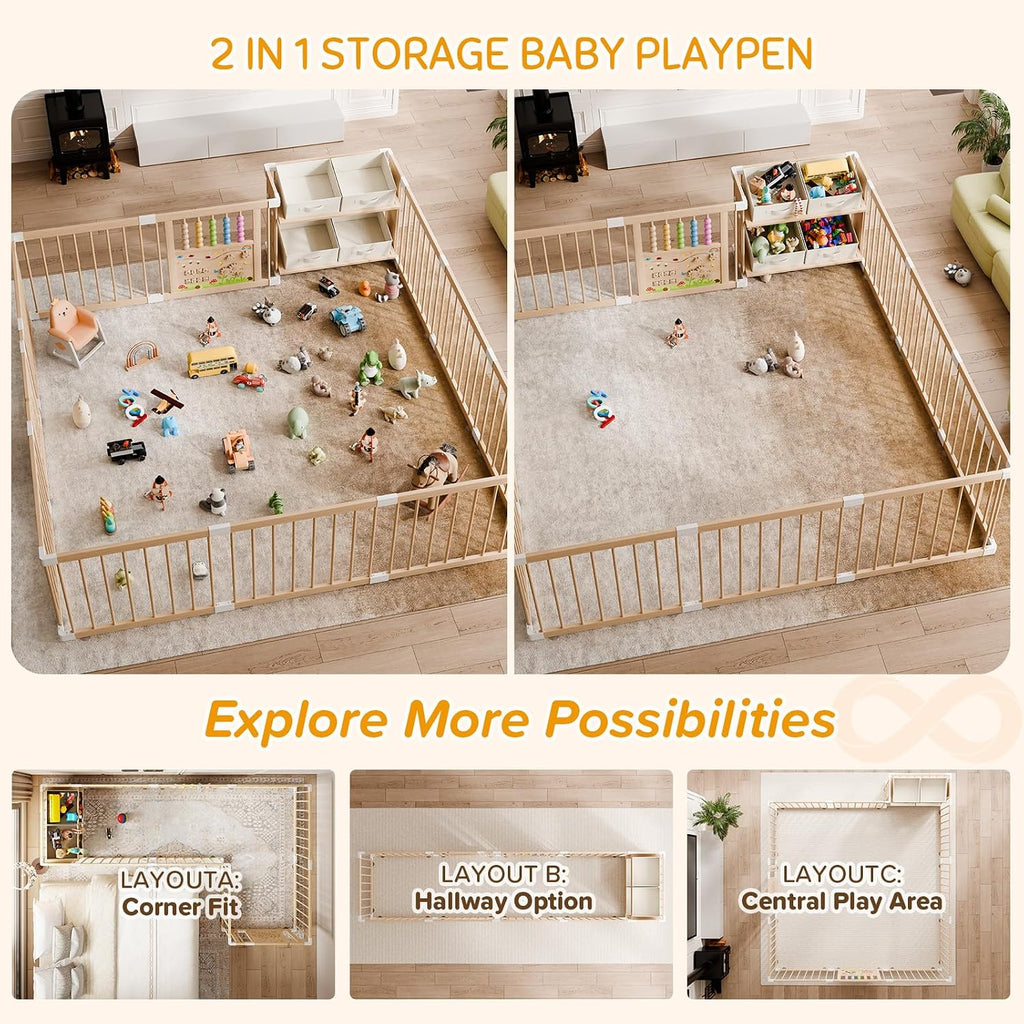 Large Wooden Baby Storage Playpen 9+3 Panels 71"×48" | Size Adjustable Play Yard for Babies and Toddlers, Baby Fence