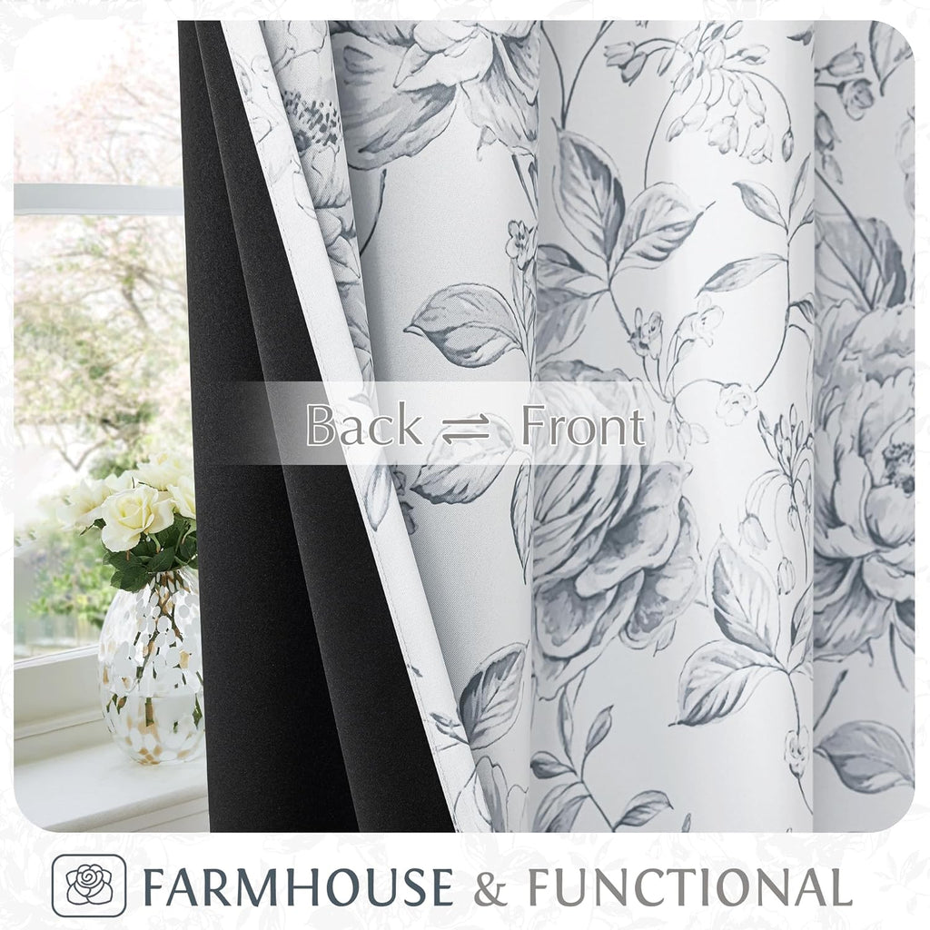 Floral 100% Blackout Curtains 84 Inches Long 2 Panels for Bedroom Living Room Grey White Farmhouse Rose Flower