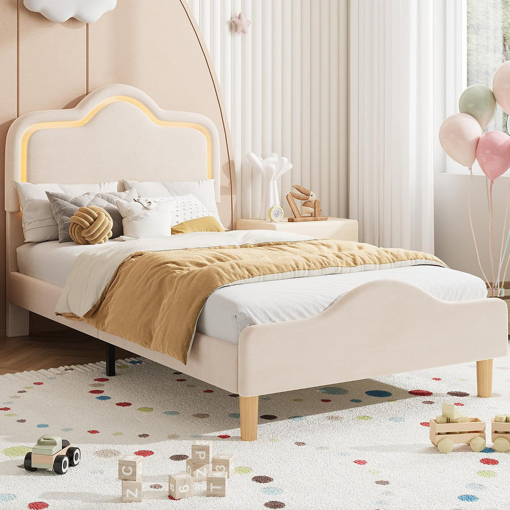 Twin Size Upholstered LED Bed Frame with Adjustable Headboard and Footboard, Velvet Princess Platform Bedframe for