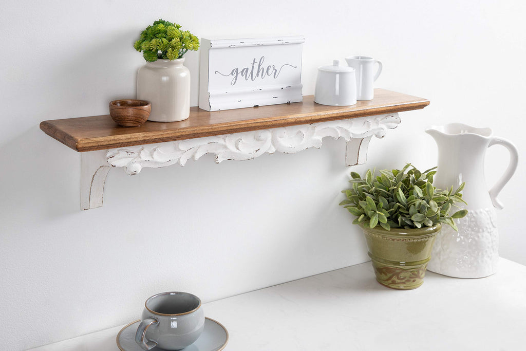 Abberly Farmhouse Wall Shelf, 28 x 5 x 6.5, Rustic Brown and White, Rustic Floating Shelf for Wall