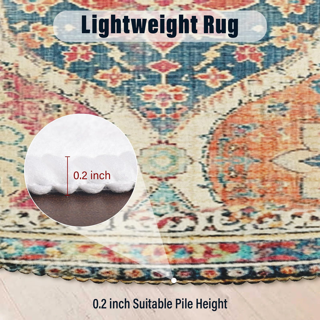 Orange Boho Round Area Rug 4ft, Machine Washable Bohemian Oriental Round Rug Non-Slip Colorful Moroccan Farmhouse